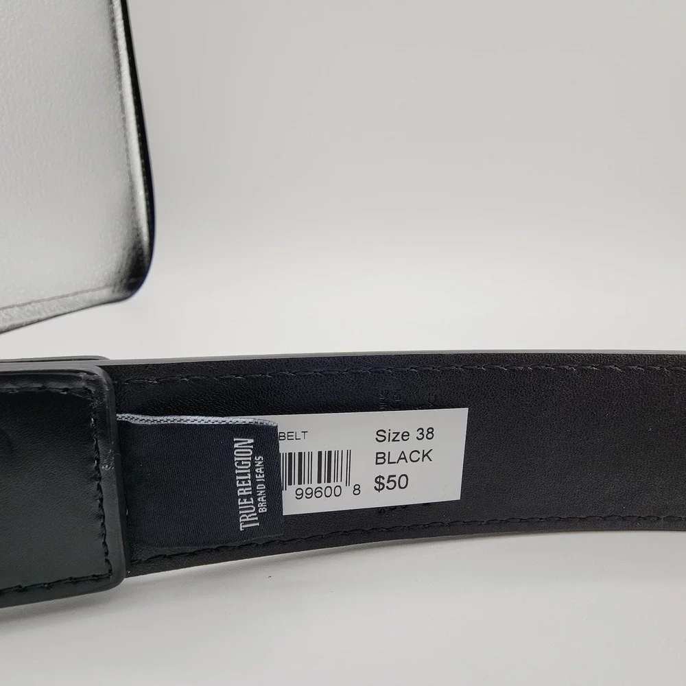 True Religion Mens Belt Holo Sage Black Heavyweight Horseshoe Buckle Size 38 NEW